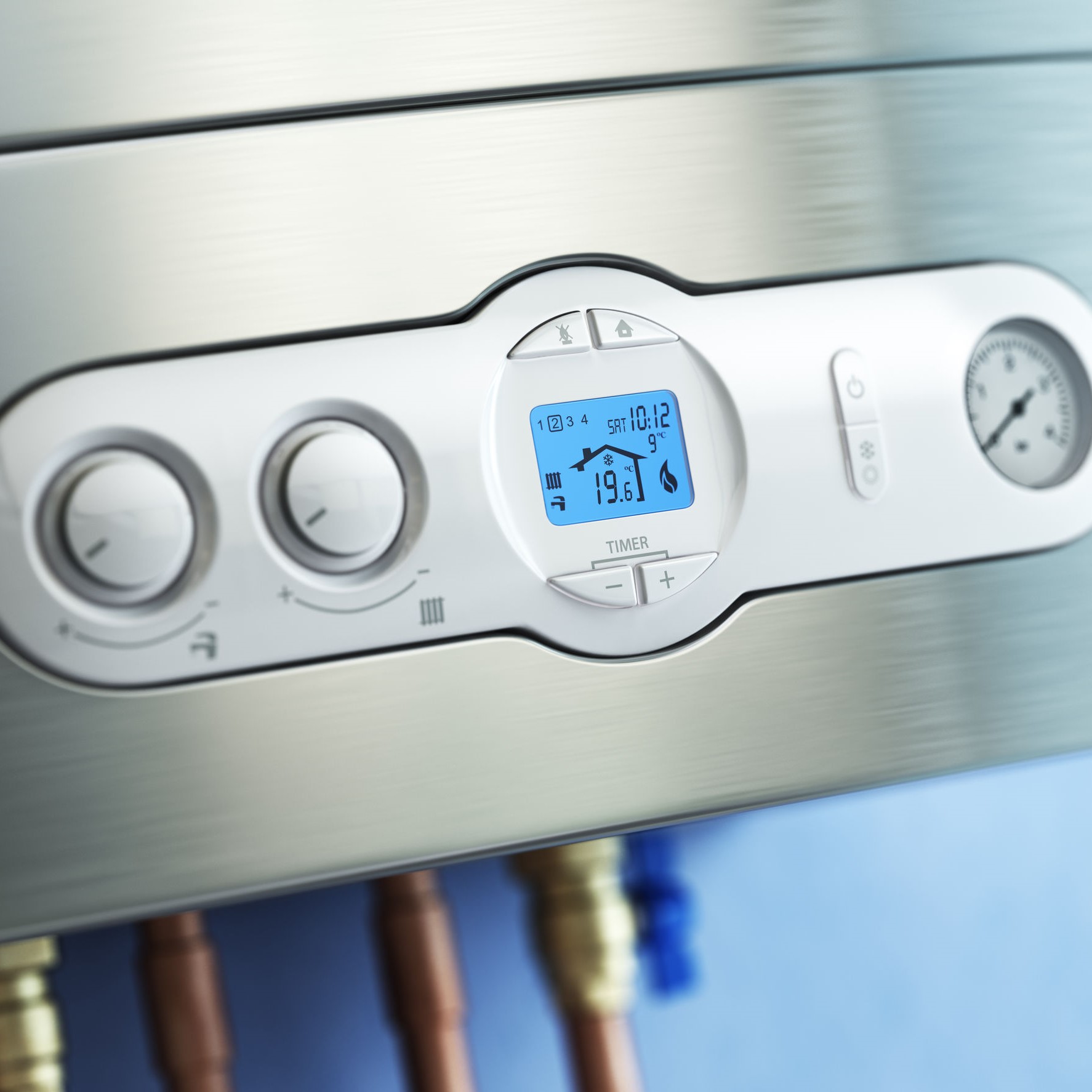 A close up of a stainless steel gas furnace in use.